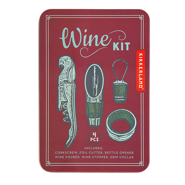 Kikkerland Wine Kit tin containing corkscrew, foil cutter, bottle opener, wine pourer, wine stopper, and drip collar