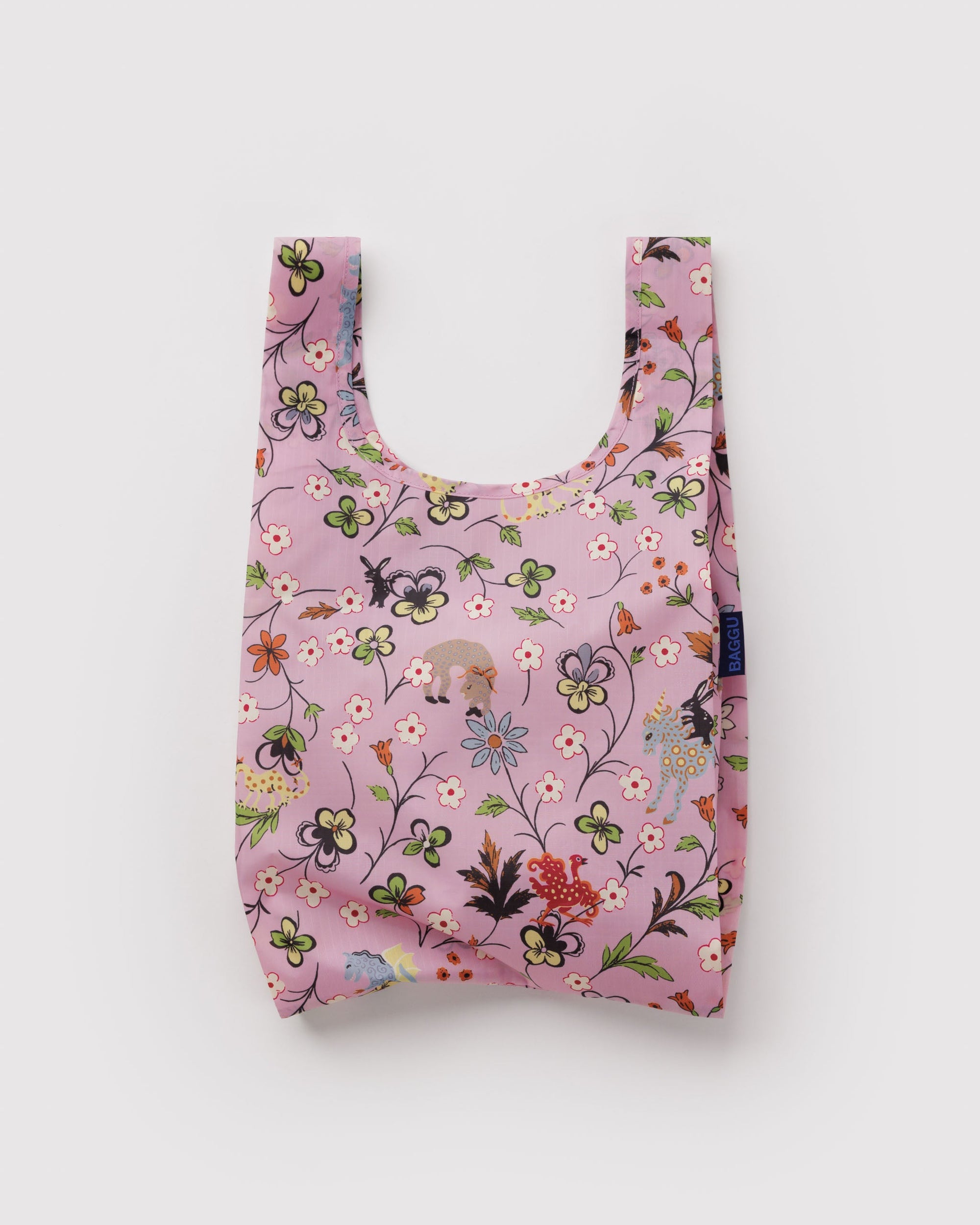 Baggu Baby Baggu reusable tote bag in pink with Castle Creatures floral and animal print