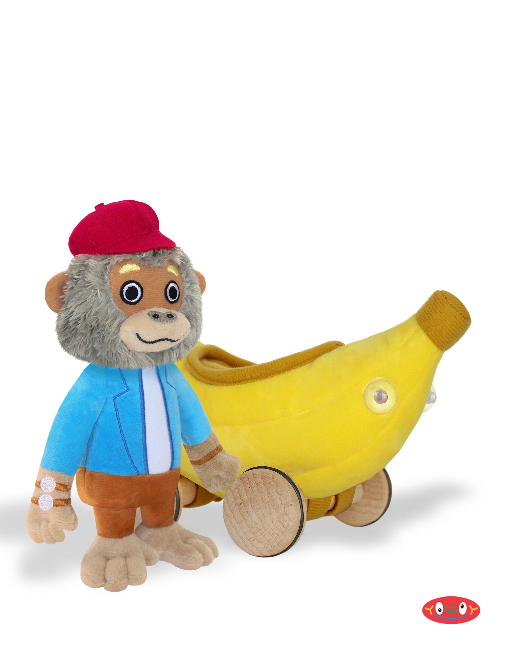Yottoy plush monkey toy in blue jacket and red cap with yellow banana-shaped vehicle on wheels