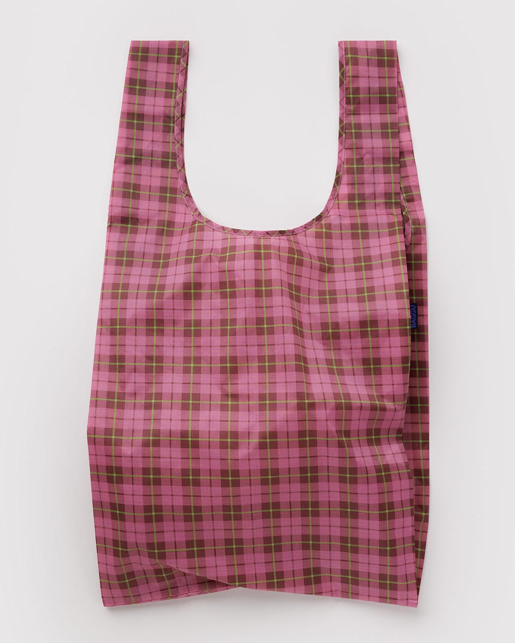 Baggu Big Baggu reusable tote bag in azalea pink tartan plaid pattern with loop handles