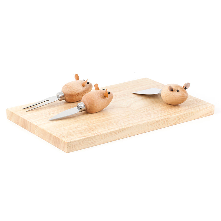Mouse-shaped cheese knife set with wooden board featuring three cute mouse-handled utensils