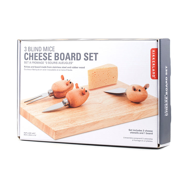 Kikkerland 3 Blind Mice cheese board set with three mouse-shaped knife handles and wooden cutting board