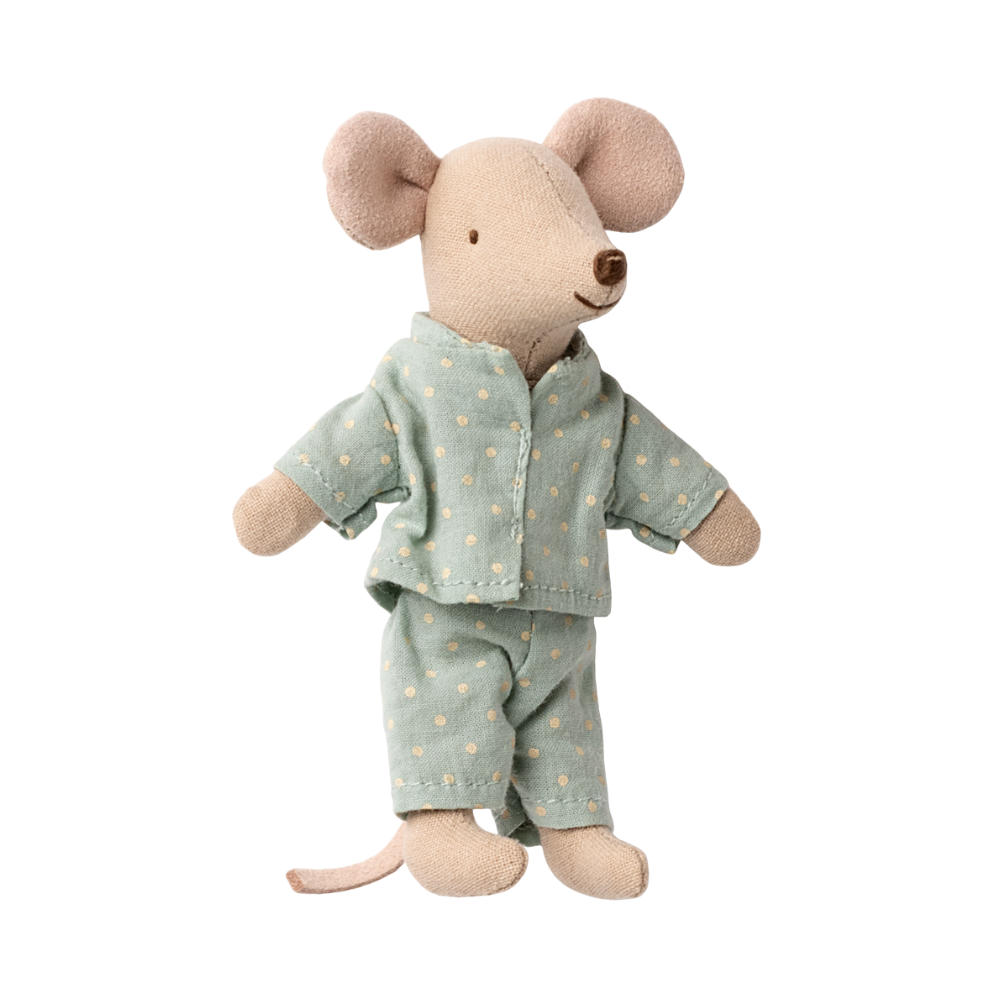 Maileg little brother mouse toy wearing mint green polka dot pajamas