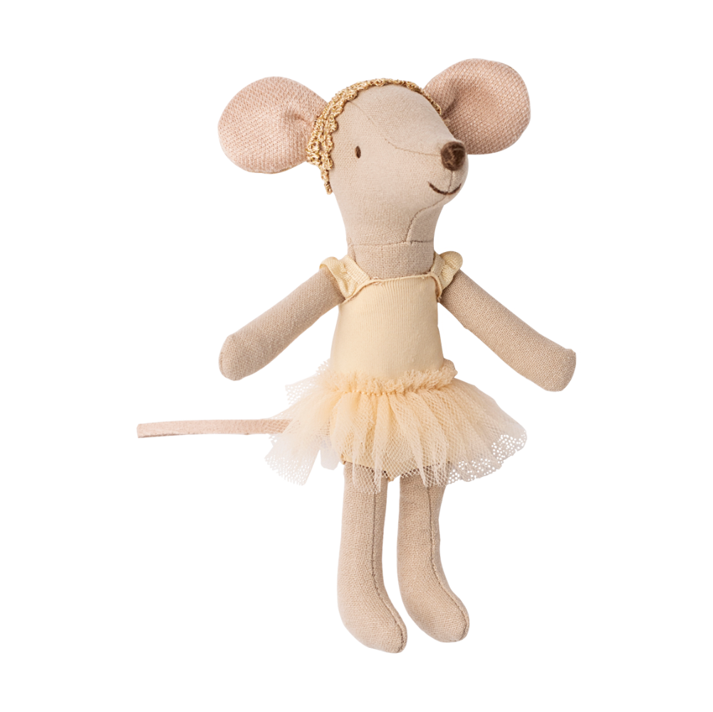 Cream colored fabric mouse toy wearing golden headband and cream tutu ballet outfit