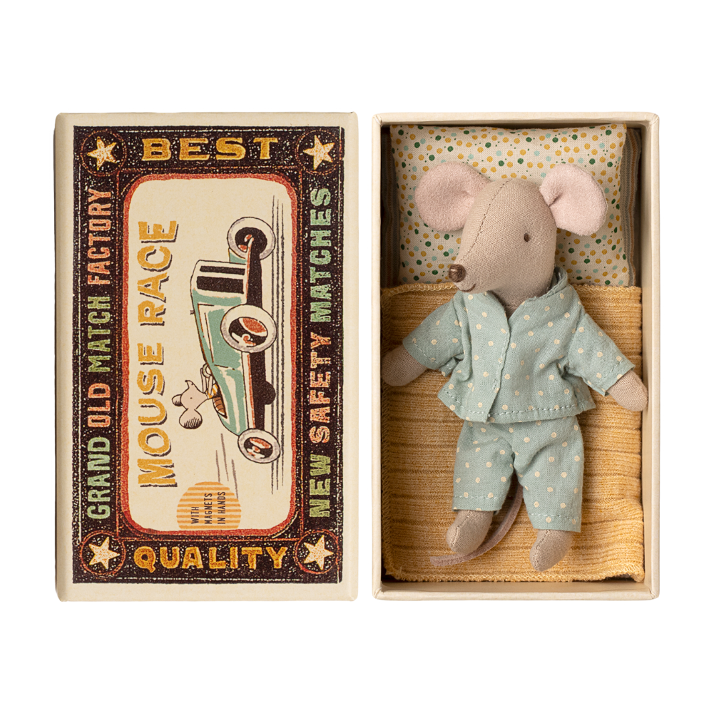 Maileg little brother mouse in light blue polka dot pajamas inside vintage-style matchbox