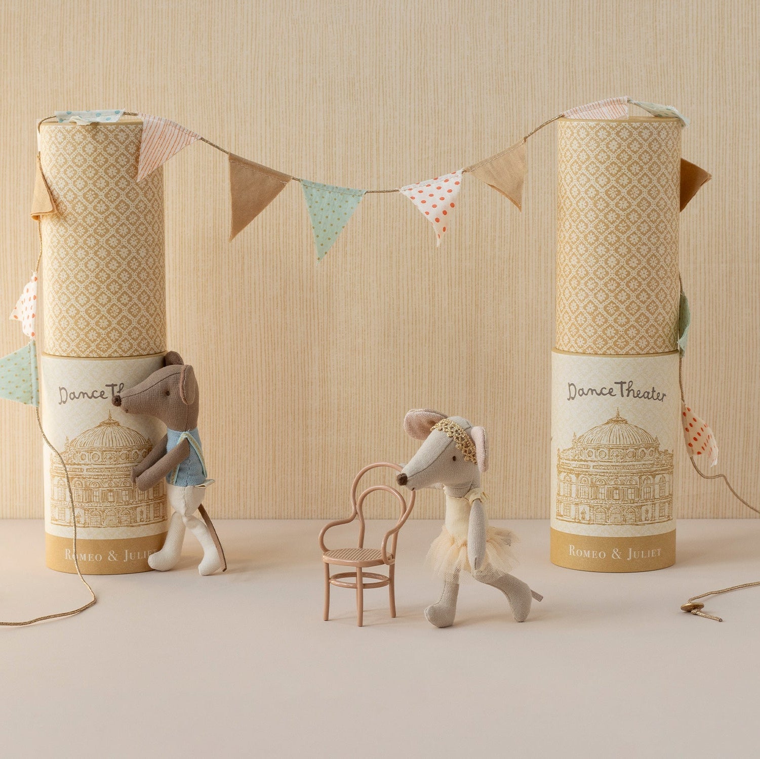 Maileg ballet dancer mouse big sister with theater backdrop and small chair in styled scene