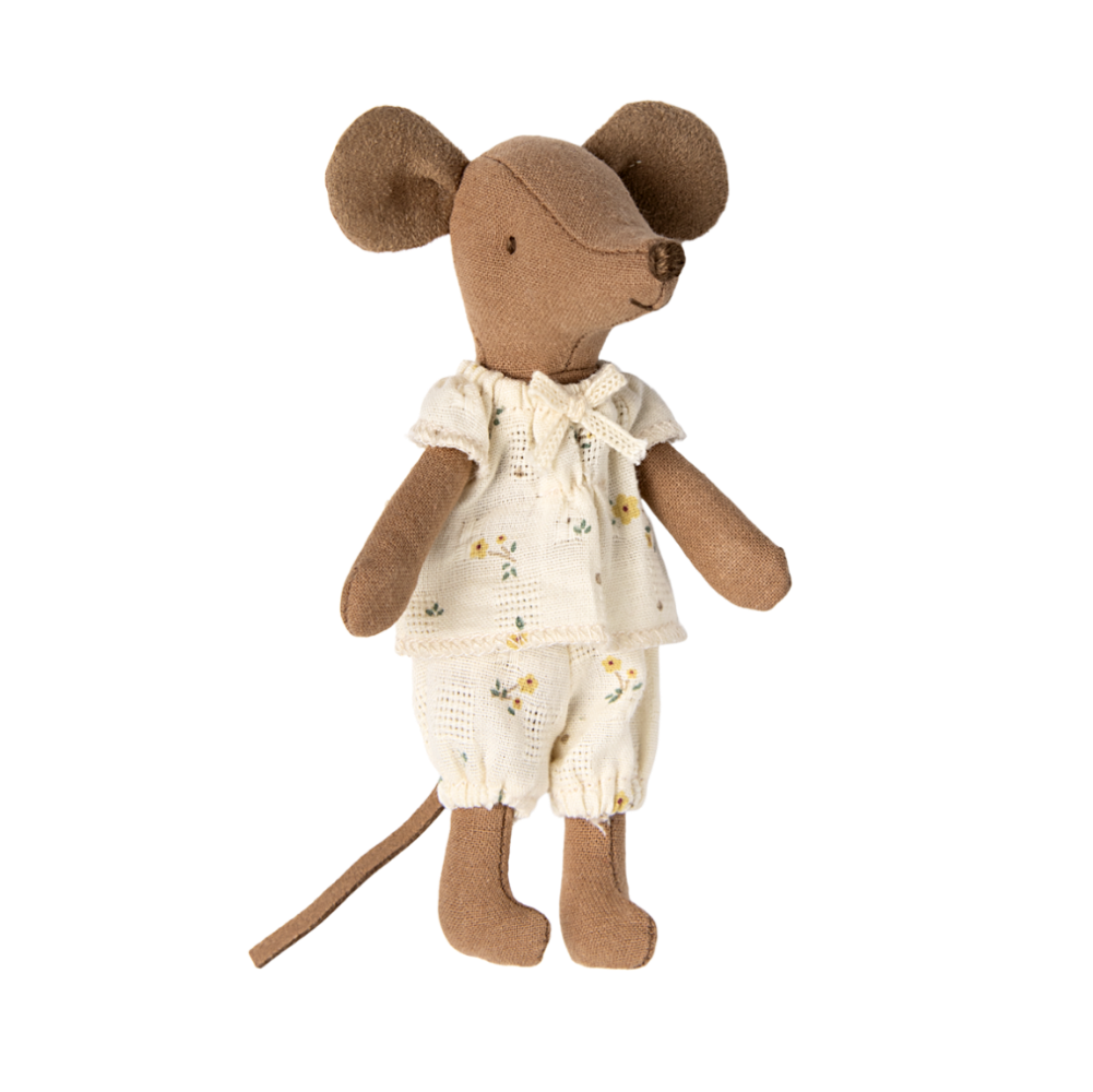 Maileg big sister mouse plush toy wearing cream floral pajamas with brown fabric body
