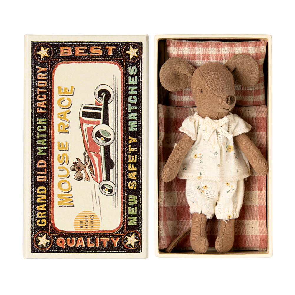 Maileg big sister mouse in white pyjamas displayed in vintage-style matchbox packaging