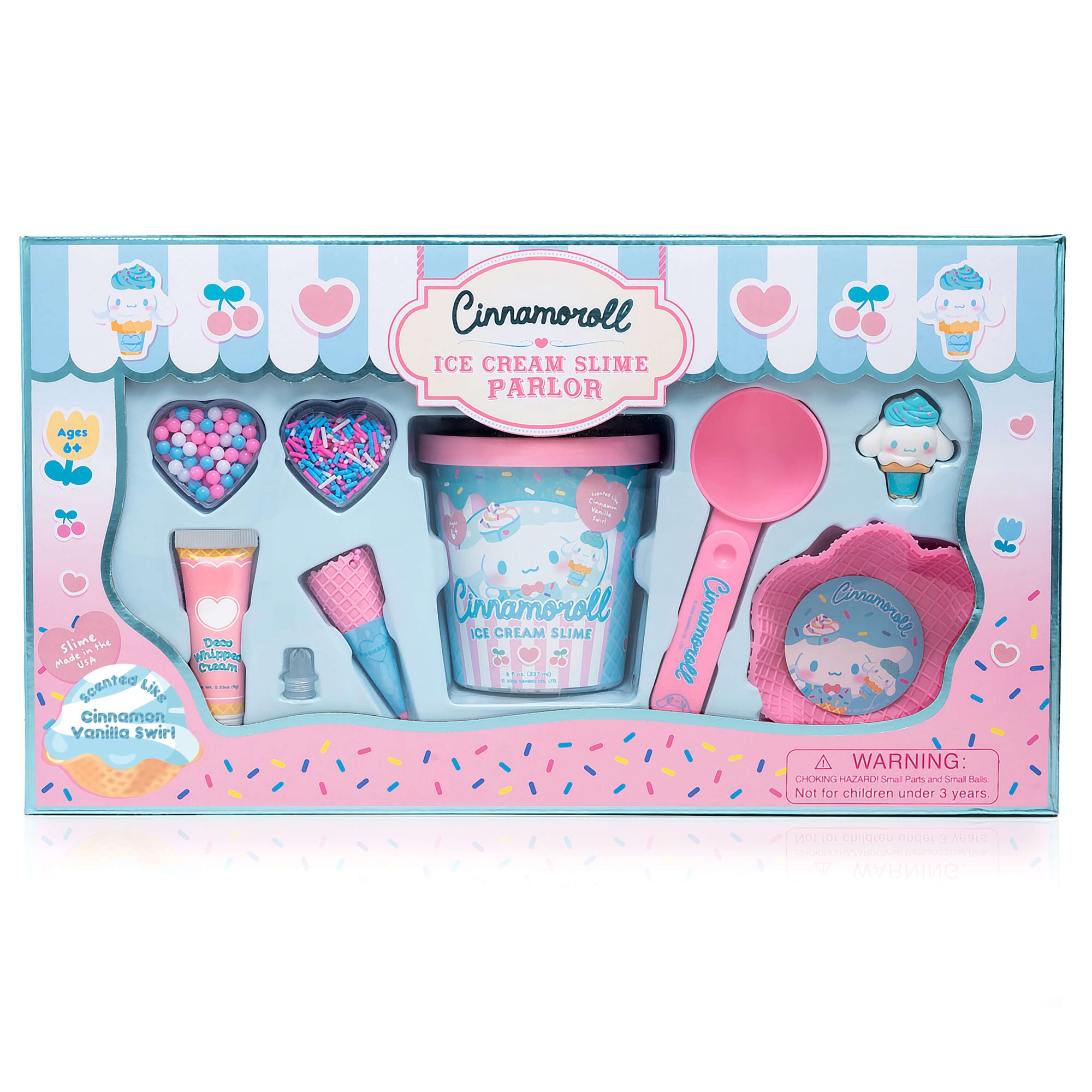 Cinnamoroll Ice Cream Slime Parlor kit with container, tools, sprinkles, and accessories