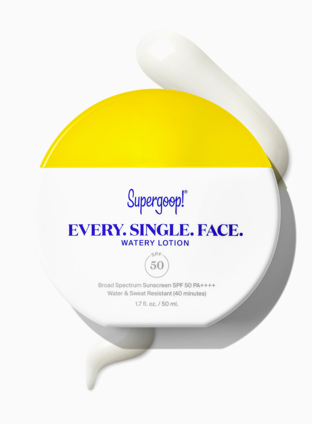Supergoop Every Single Face Watery Lotion SPF 50 sunscreen jar with white cap and yellow detail