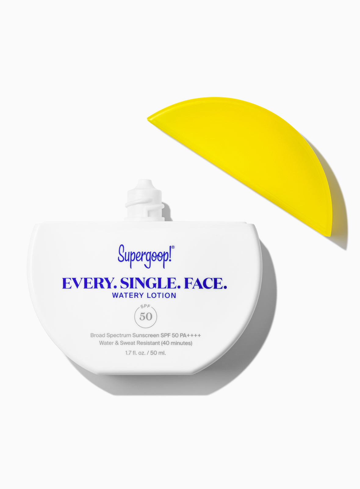 Supergoop Every Single Face Watery Lotion SPF 50 sunscreen bottle with yellow cap