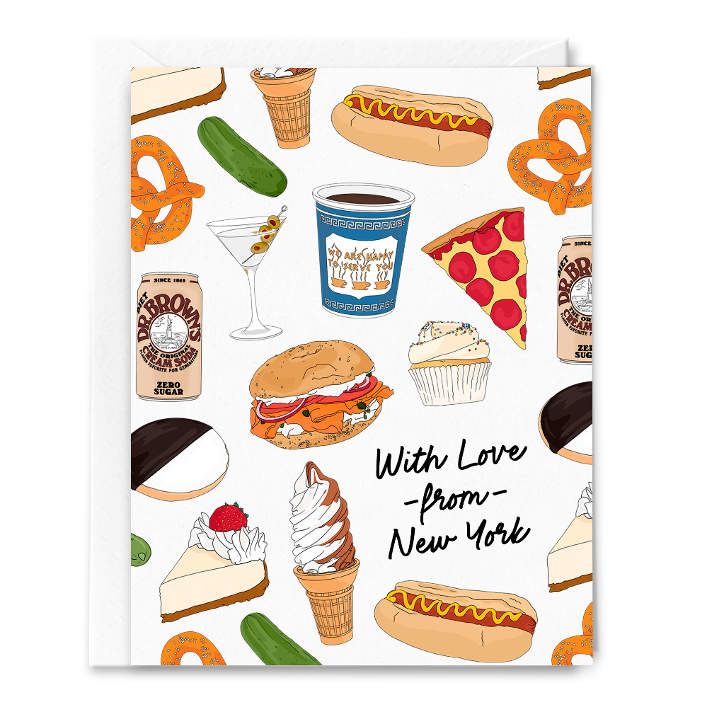 Greeting card with New York food illustrations including hot dogs, pizza, pretzels, and 'With Love from New York' text