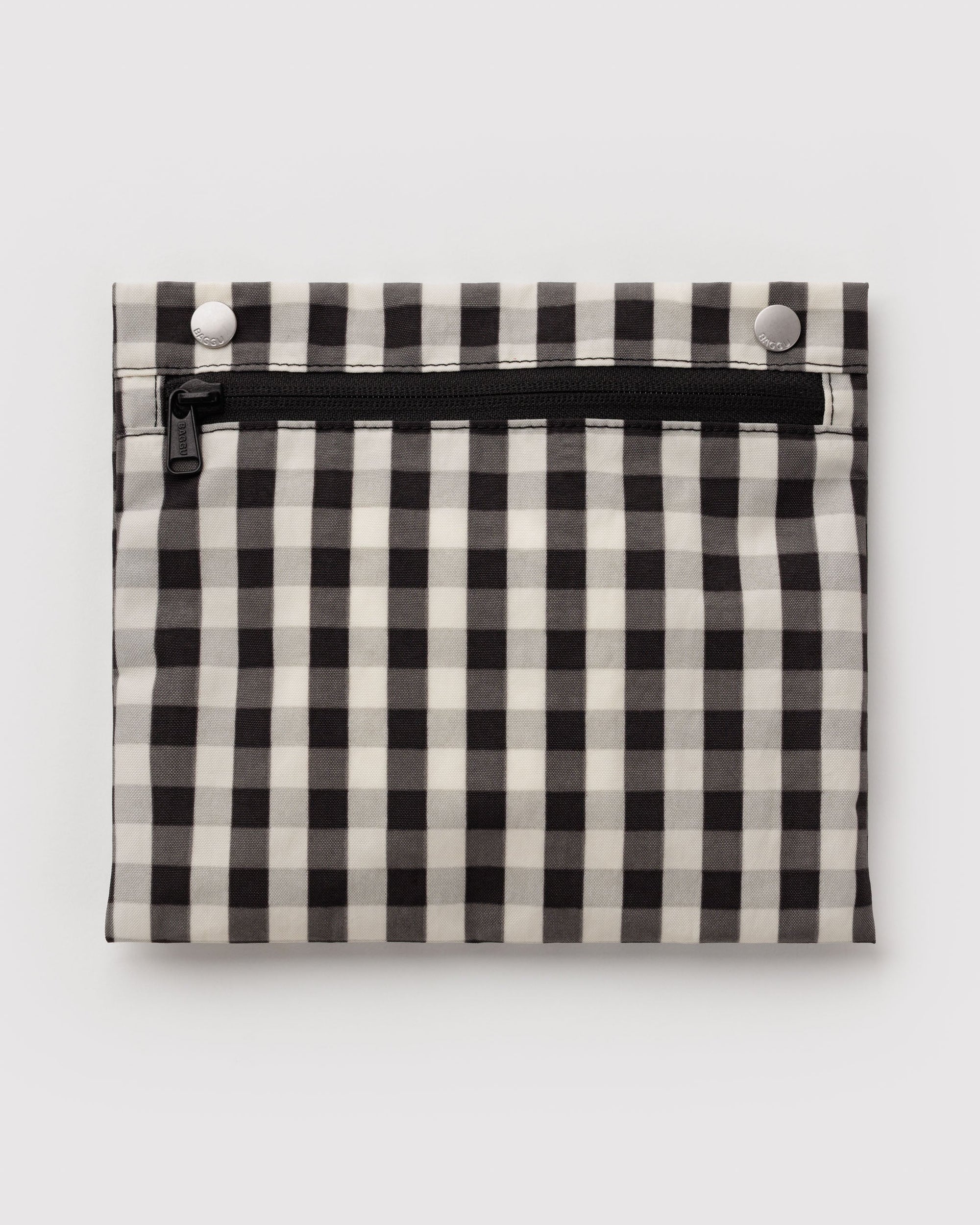 Baggu Everyday Cloud Bag in black and cream gingham check pattern with zipper pocket and snap closure