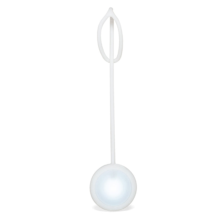 White rechargeable purse light with oval loop hanger and glowing spherical LED base