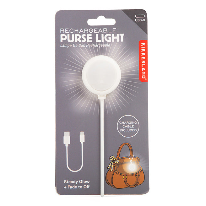 Kikkerland rechargeable purse light on packaging with USB-C charging cable included