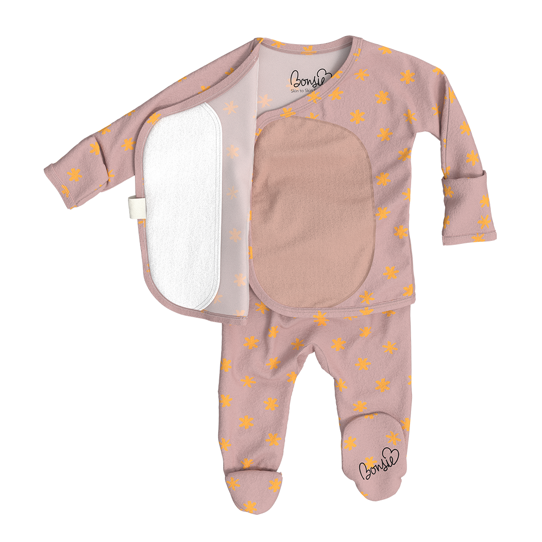 Bonsie Skin to Skin Footie in Galaxy Gleam pattern showing wrap-front design with skin-to-skin panel open
