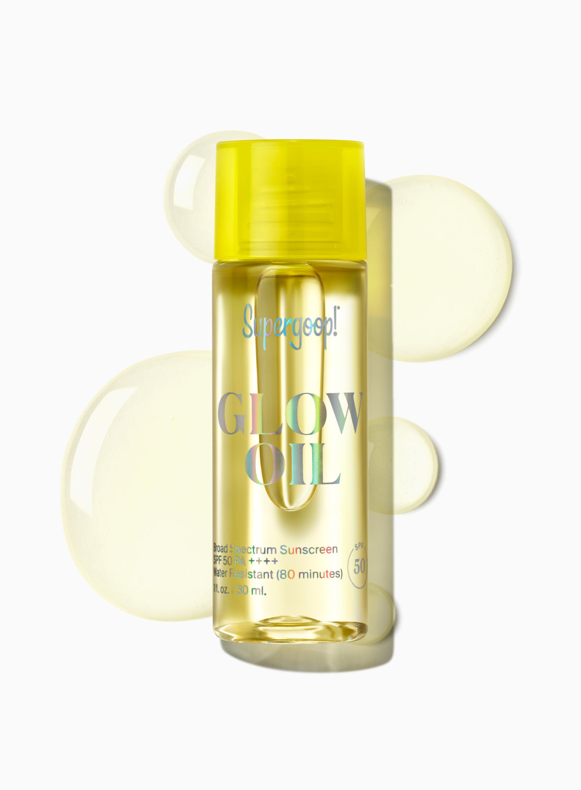 Supergoop Glow Oil SPF 50 in clear bottle with yellow cap and oil texture swatches