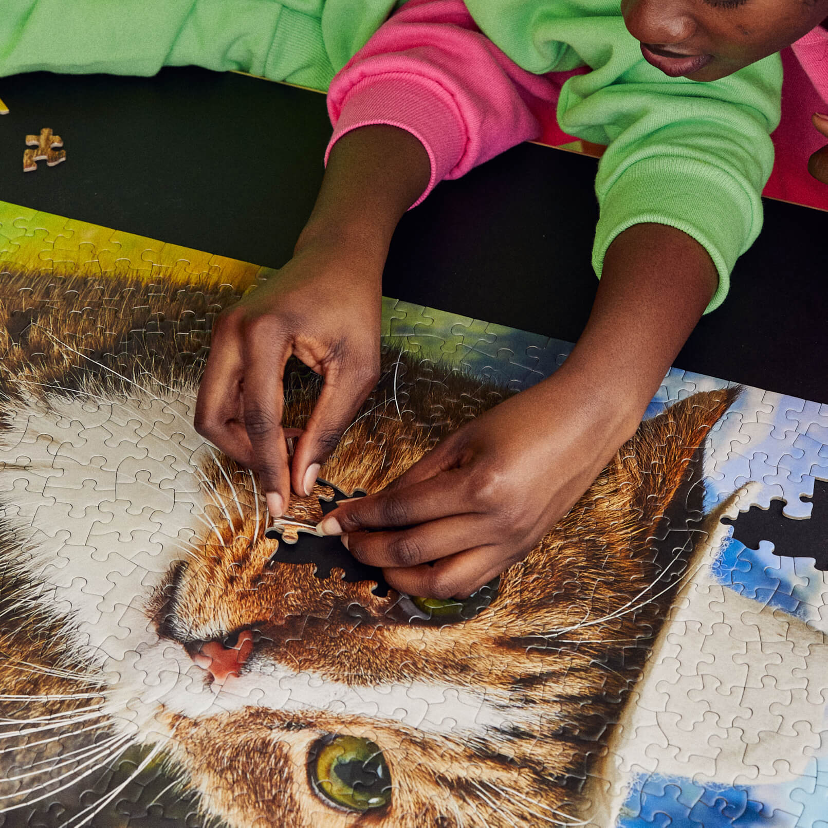 Child assembling Le Puzz 'Howdy Paw-tner' jigsaw puzzle featuring a close-up cat face