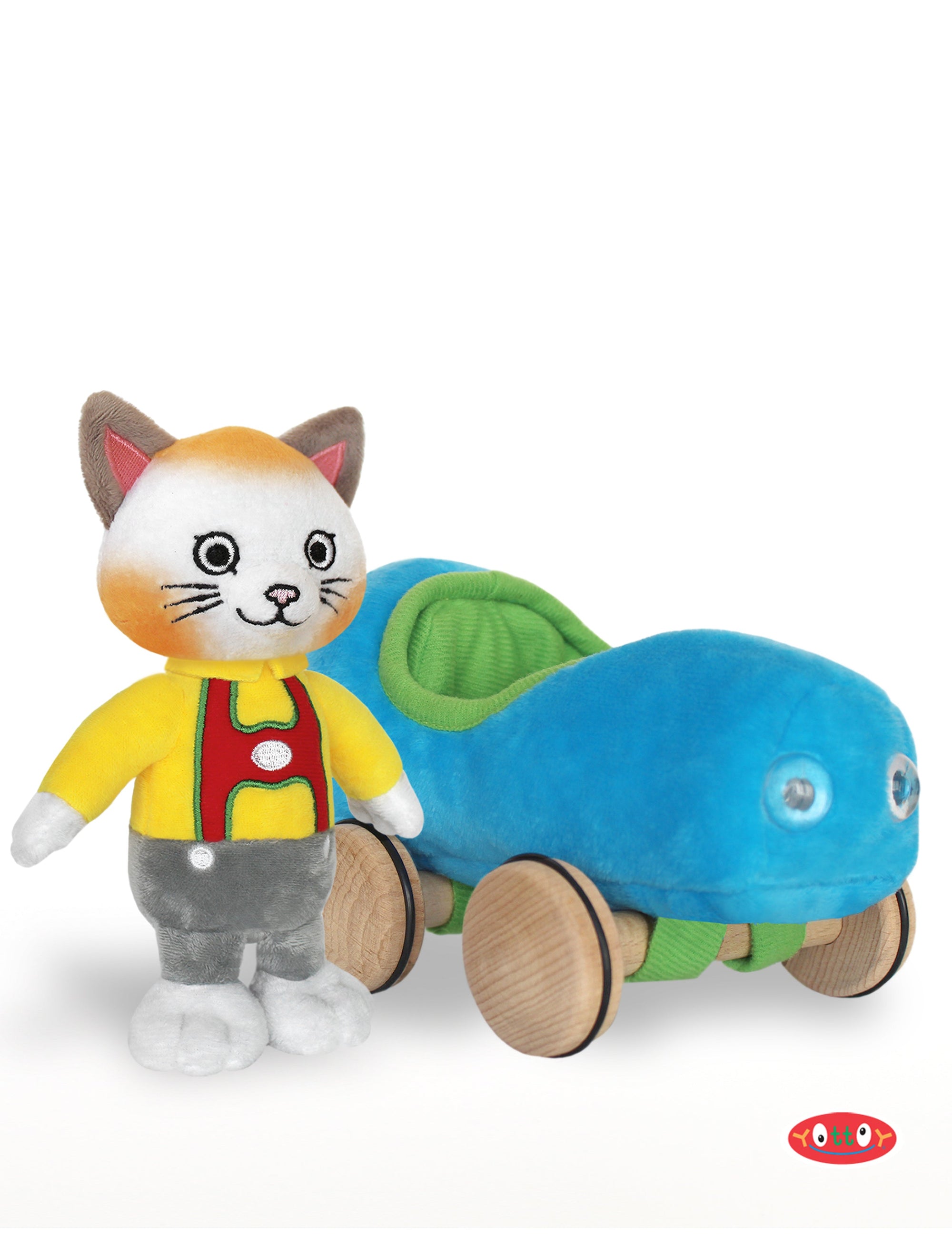 Yottoy Huckle Cat plush toy in yellow outfit standing beside blue plush car with wooden wheels