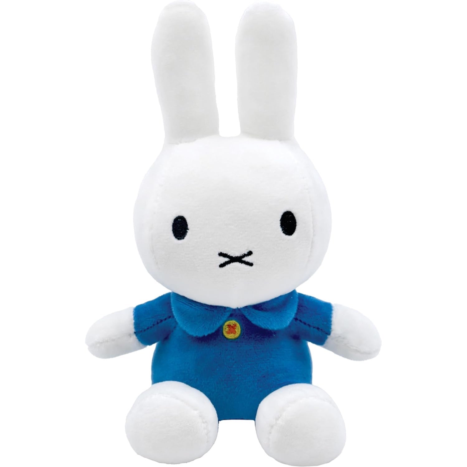 Miffy white plush bunny beanbag wearing a bright blue outfit with peter pan collar