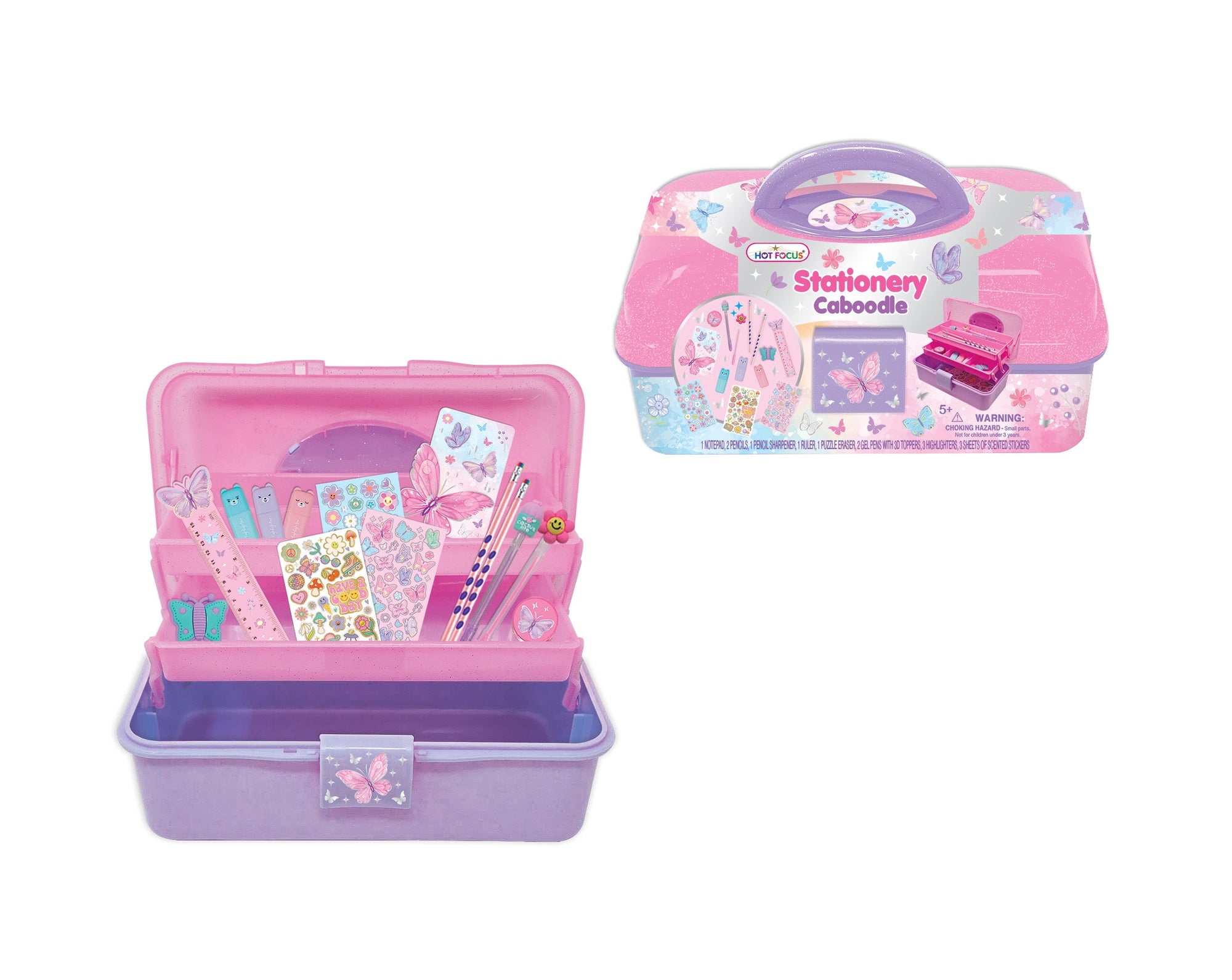 Hot Focus Stationery Caboodle open case showing butterfly themed stationery supplies with product packaging