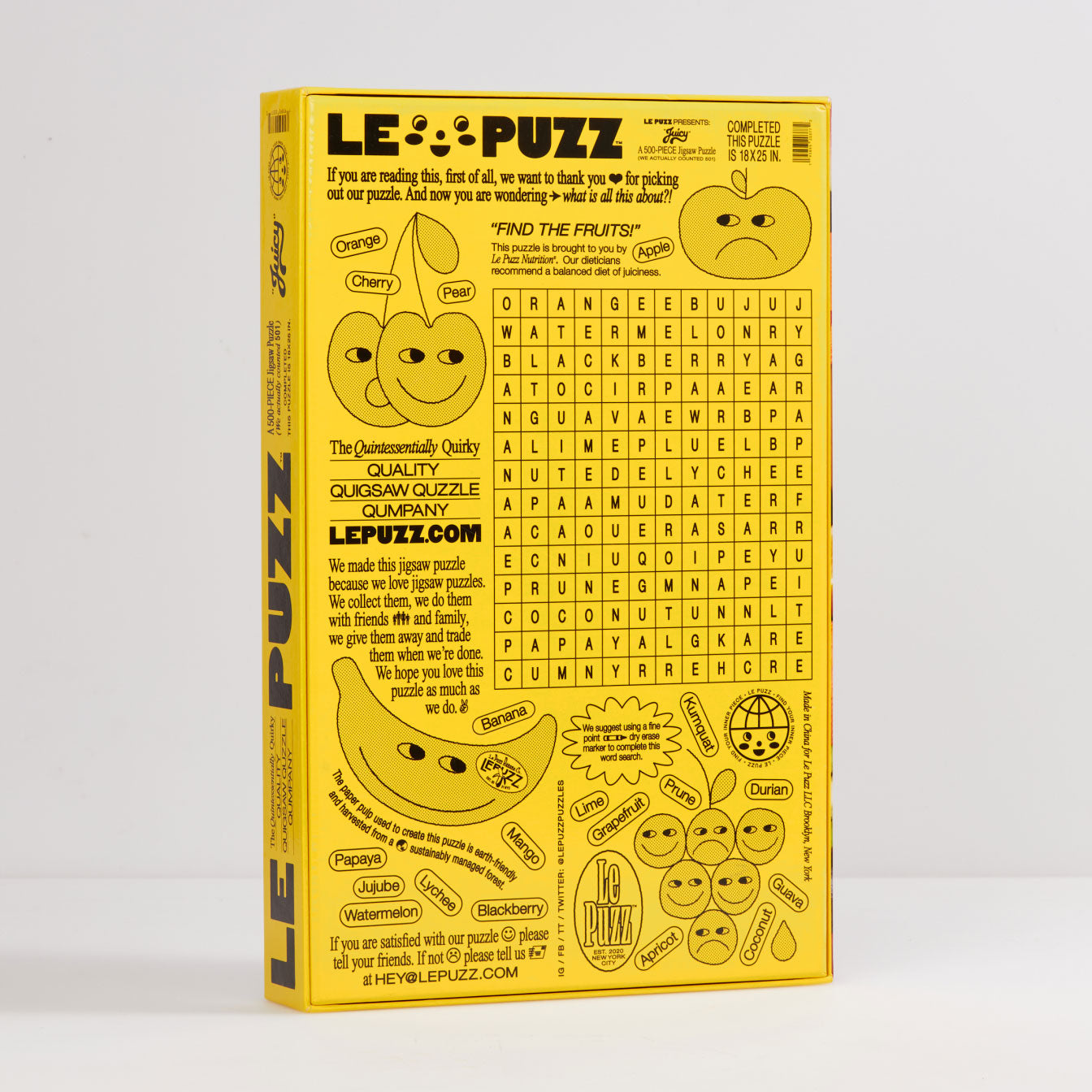 Back of Le Puzz Juicy 500-piece jigsaw puzzle box featuring fruit word search on bright yellow packaging