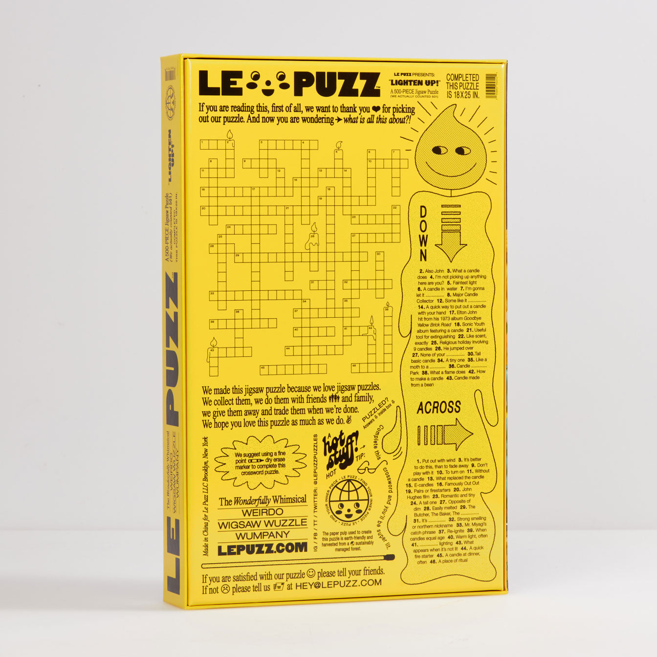Le Puzz Lighten Up 500-piece jigsaw puzzle box back on yellow background