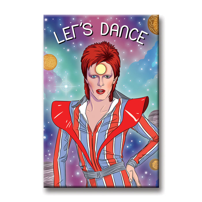 Let's Dance magnet featuring illustrated Ziggy Stardust figure in red striped jumpsuit against cosmic space background