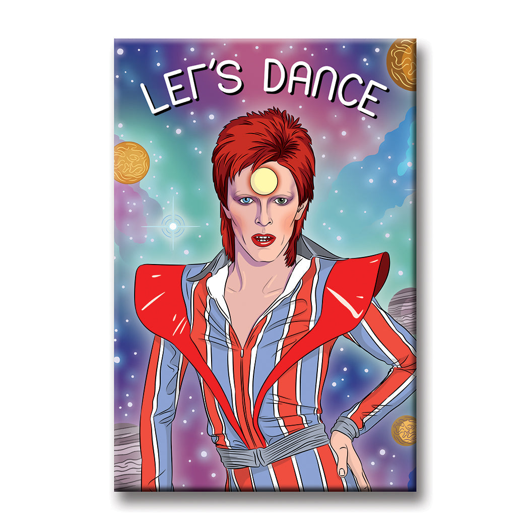 Let's Dance magnet featuring illustrated Ziggy Stardust figure in red striped jumpsuit against cosmic space background