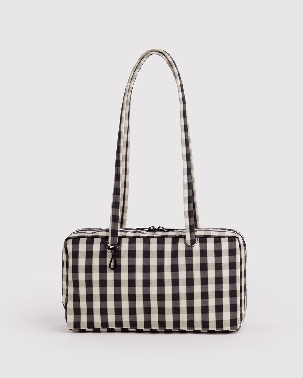 Baggu Nylon Bowler Bag in black and cream gingham check pattern with shoulder straps