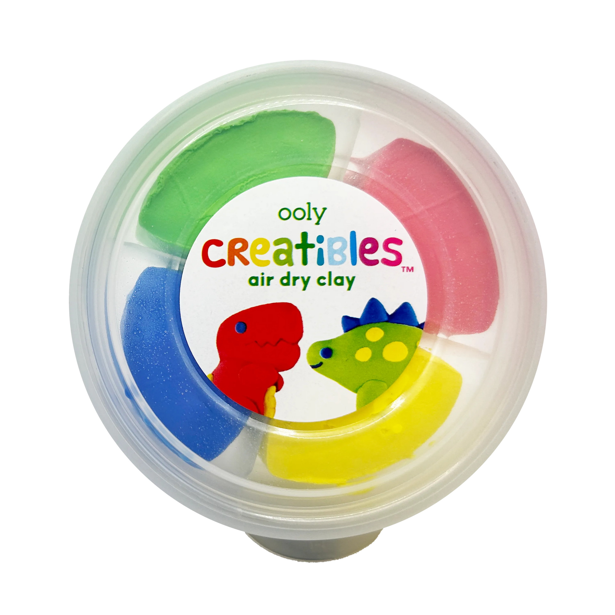 Ooly Creatibles air dry clay kit in clear container with four colored clay sections and dinosaur illustrations