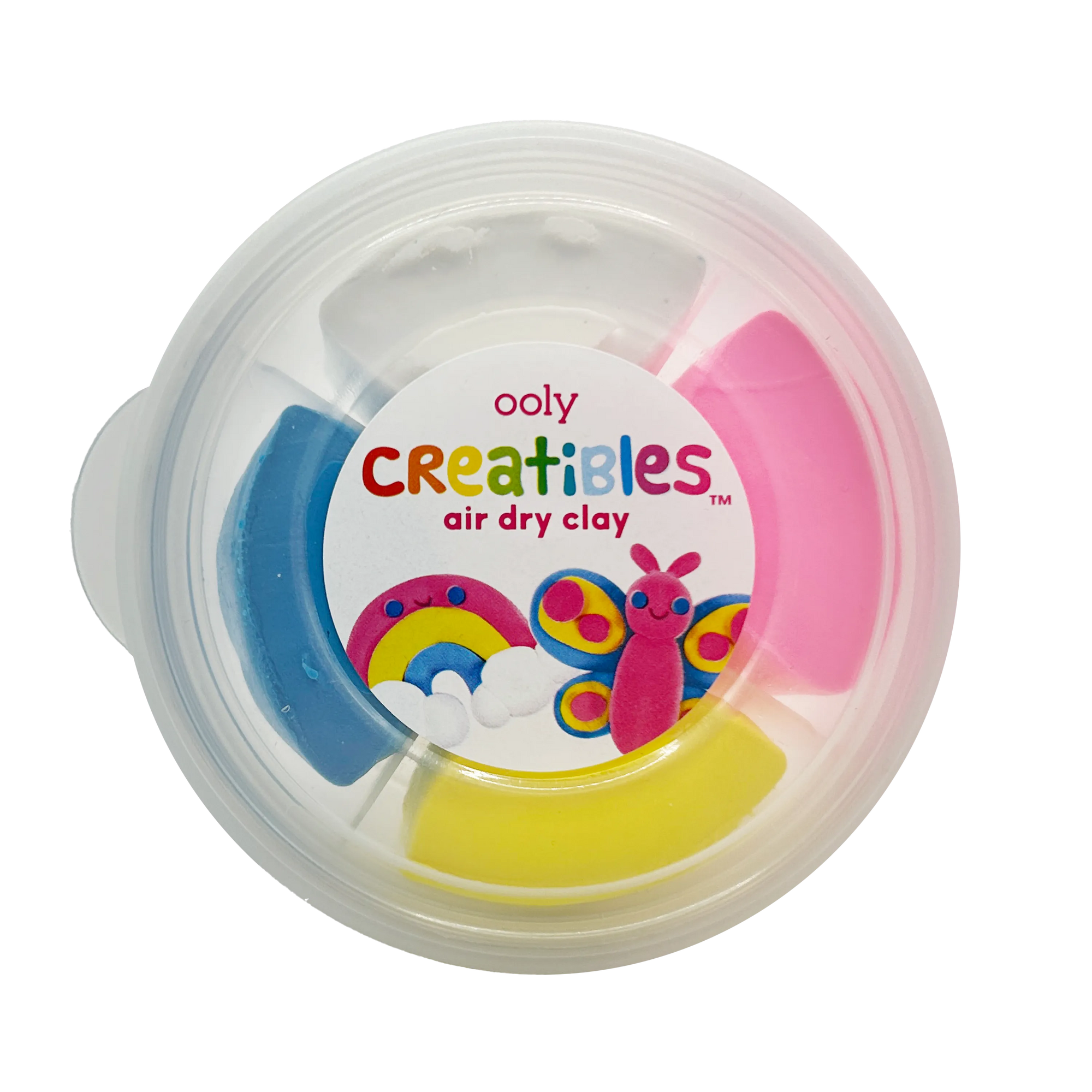 Ooly Creatibles air dry clay kit in clear container with blue pink yellow clay sections