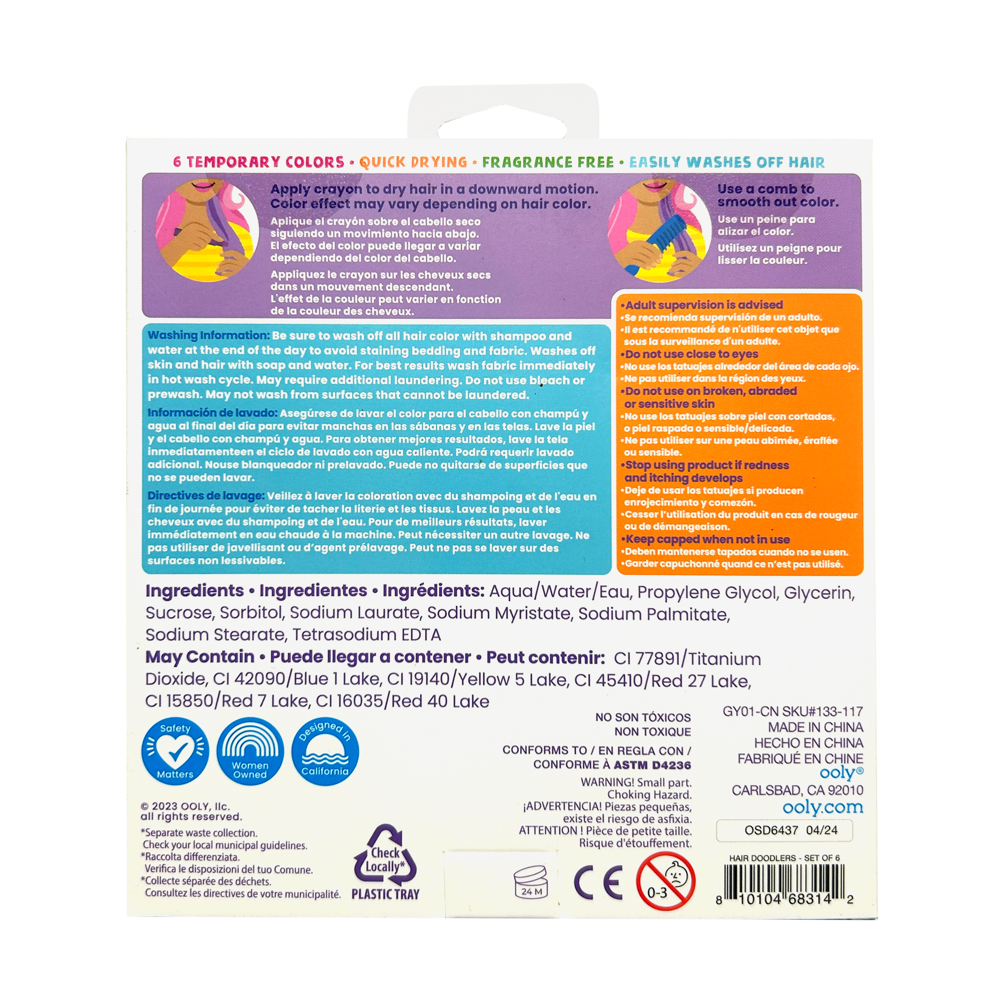 Back packaging of Ooly Hair Doodlers set showing instructions and ingredients list