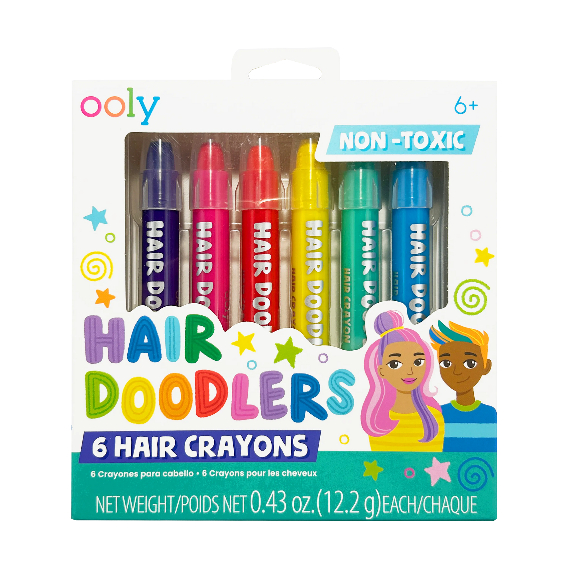 Ooly Hair Doodlers packaging showing 6 colorful hair crayons in purple pink red yellow green blue