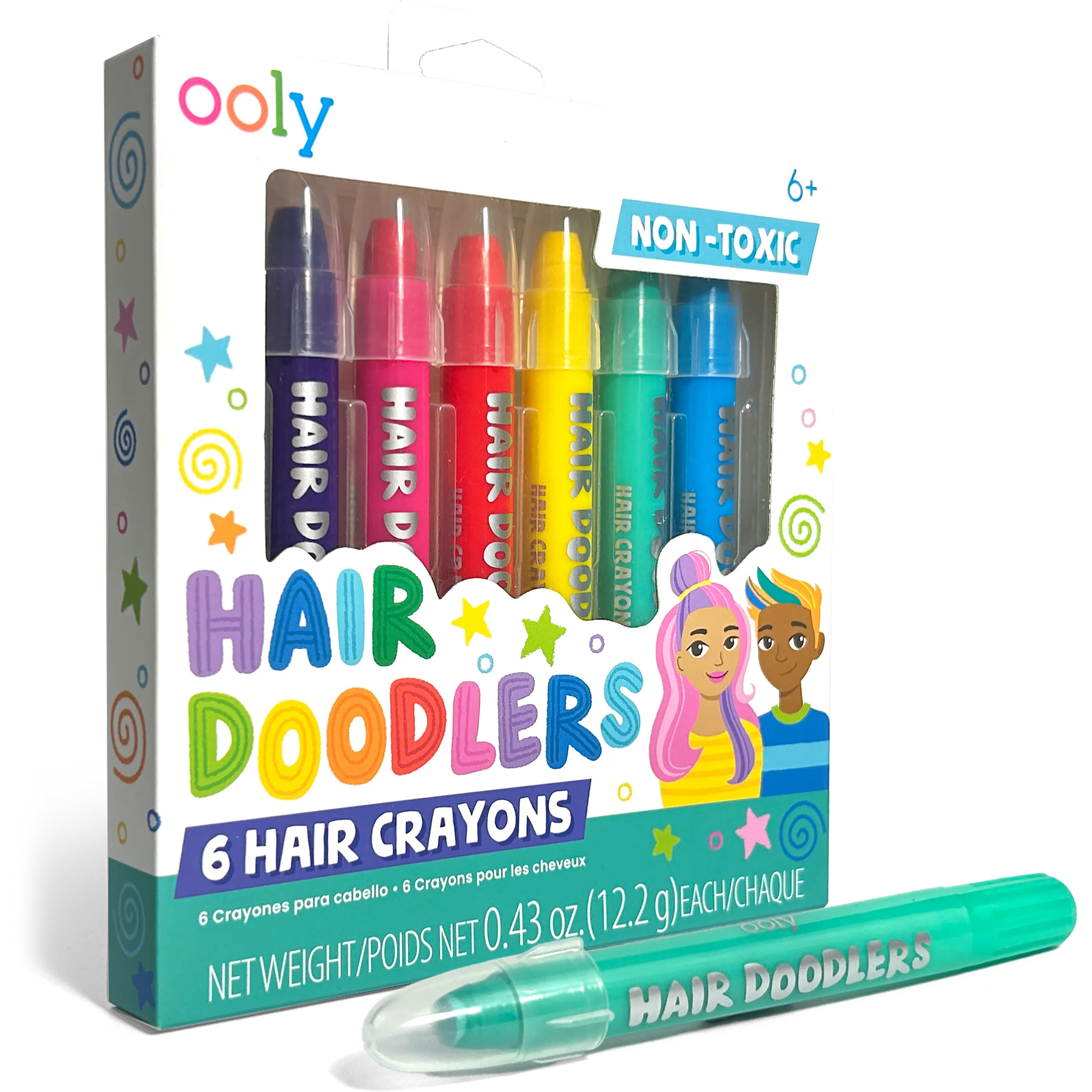 Ooly Hair Doodlers box showing 6 colorful hair crayons in purple, pink, red, yellow, green, and blue