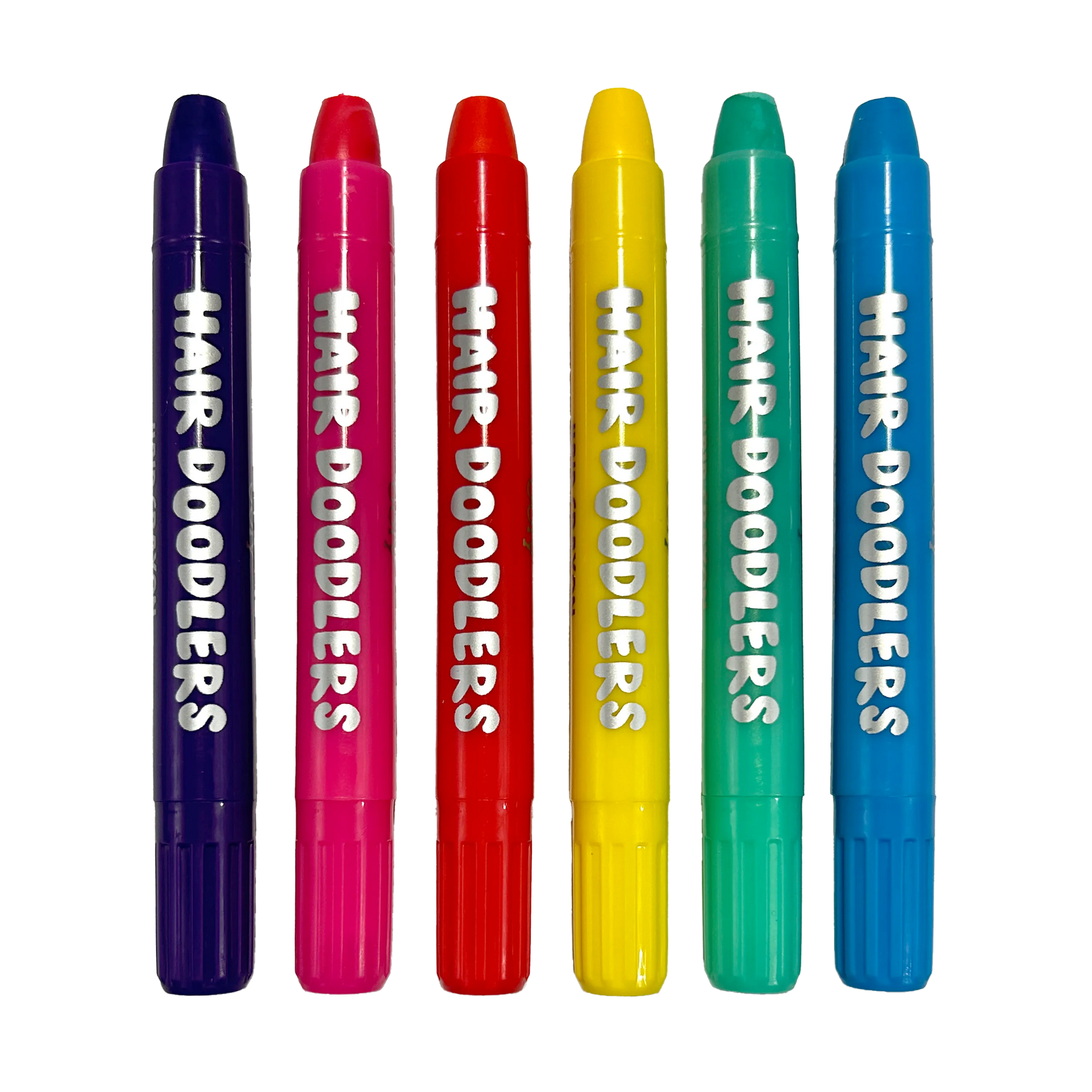 Six colorful hair crayon markers in purple, pink, red, yellow, green, and blue arranged in a row