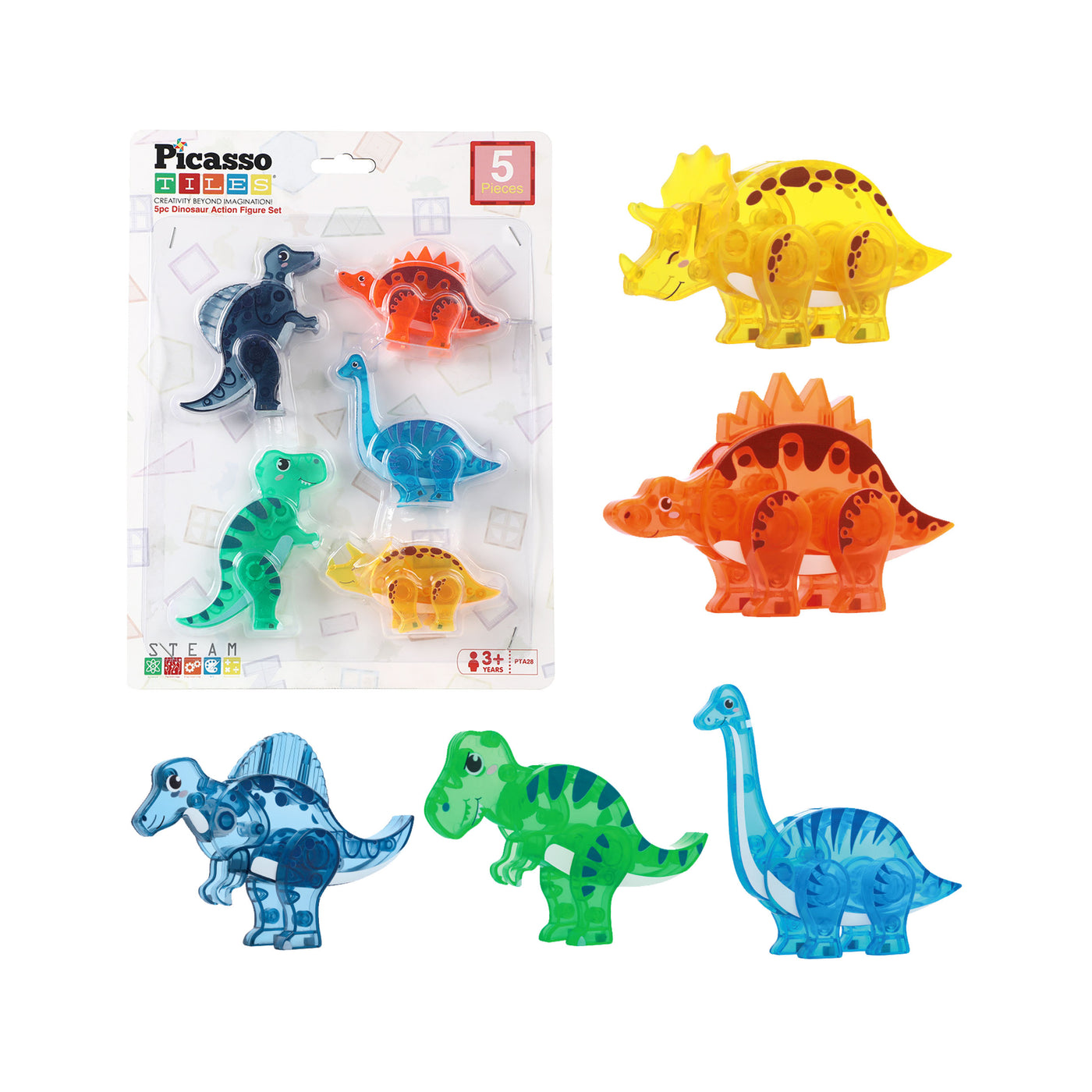 PicassoTiles 5pc Dinosaur Action Figure Set