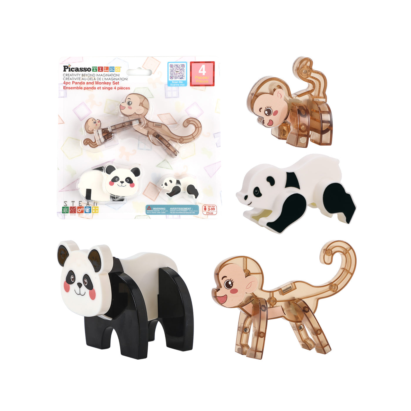 PicassoTiles Panda & Monkey Parent and Baby Characters Playset – 4 Pieces
