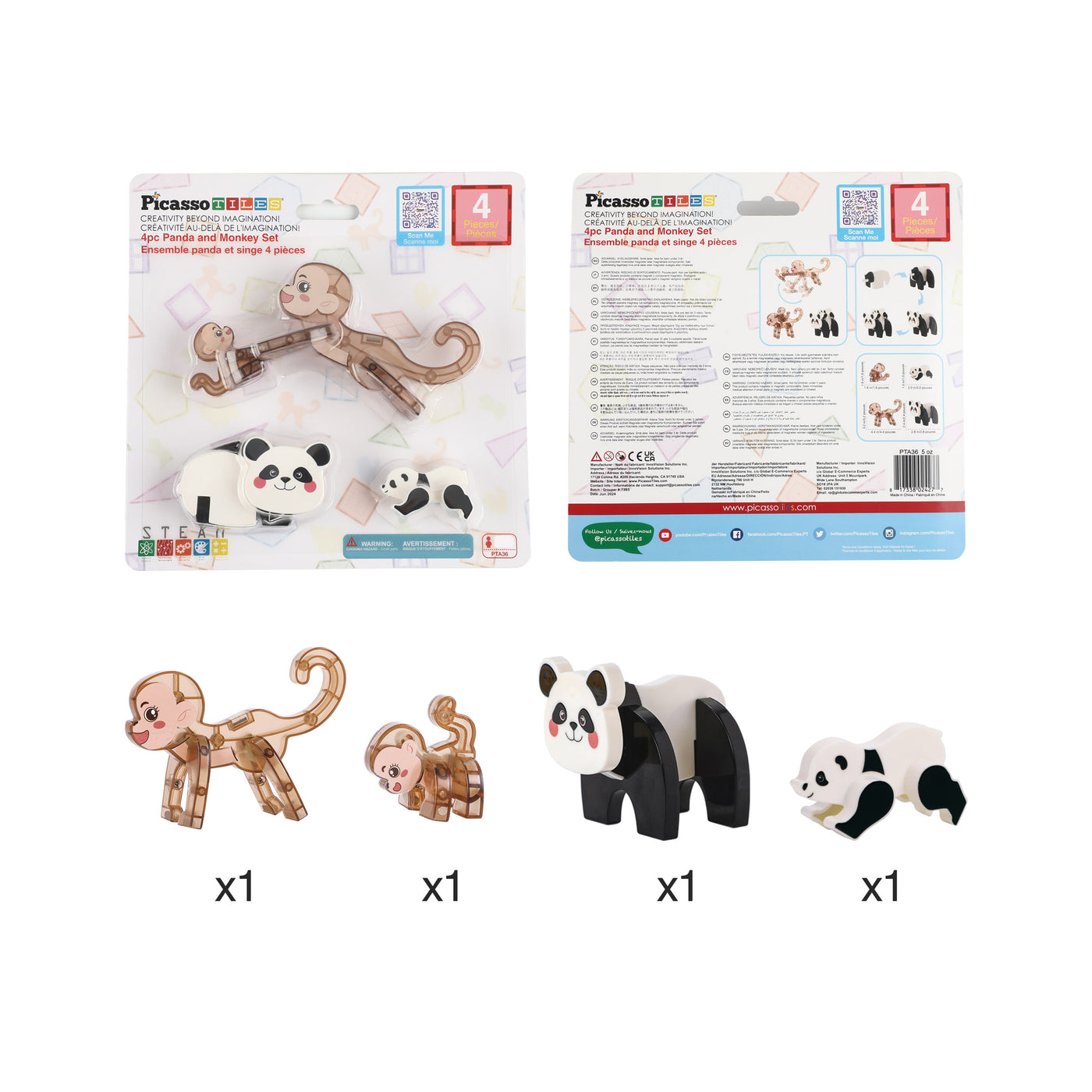 PicassoTiles Panda & Monkey Parent and Baby Characters Playset – 4 Pieces