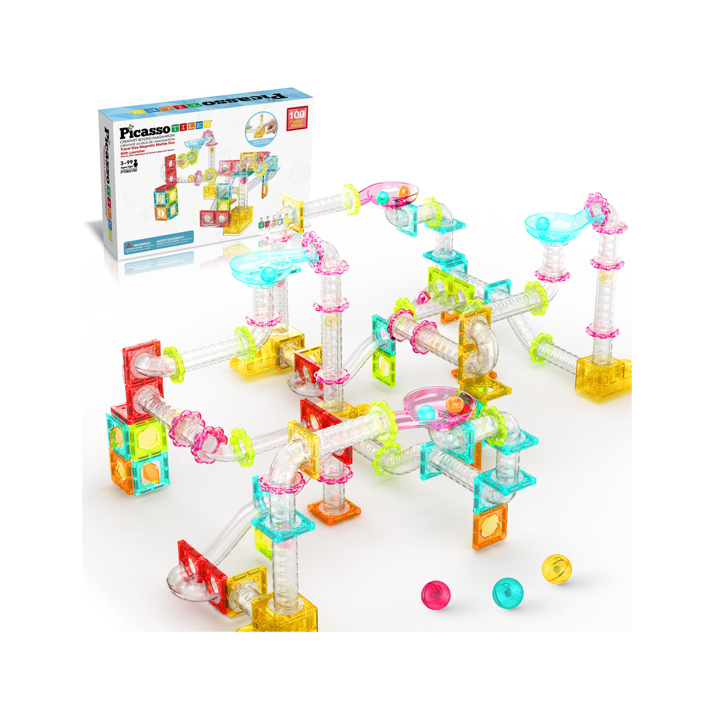 PicassoTiles Travel Sized 100 Piece Marble Run Playset