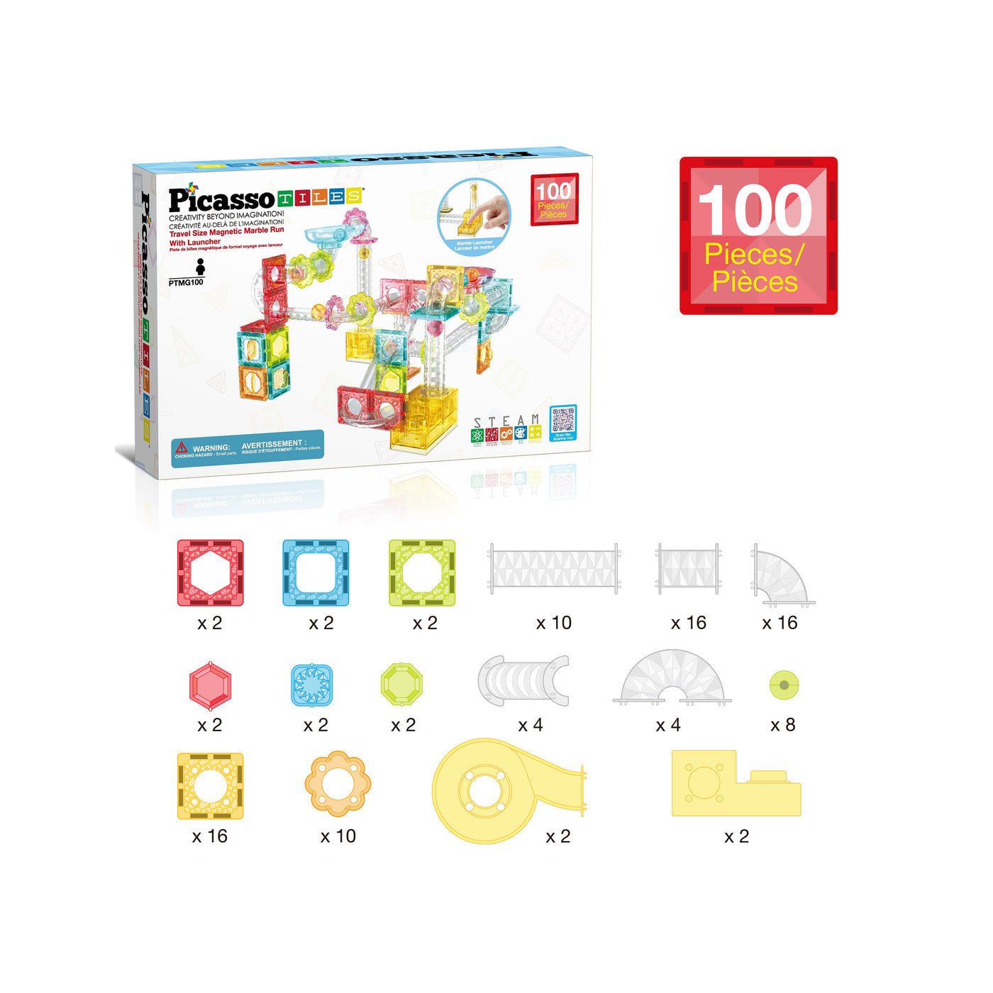 PicassoTiles Travel Sized 100 Piece Marble Run Playset