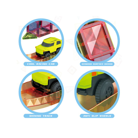 60pc Magnet Tile Race Track Set Led Car Travel Size