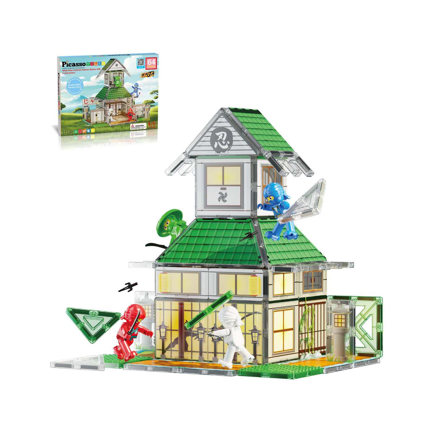 PicassoTiles 64 Pieces Ninja Dojo Magnet Building Set