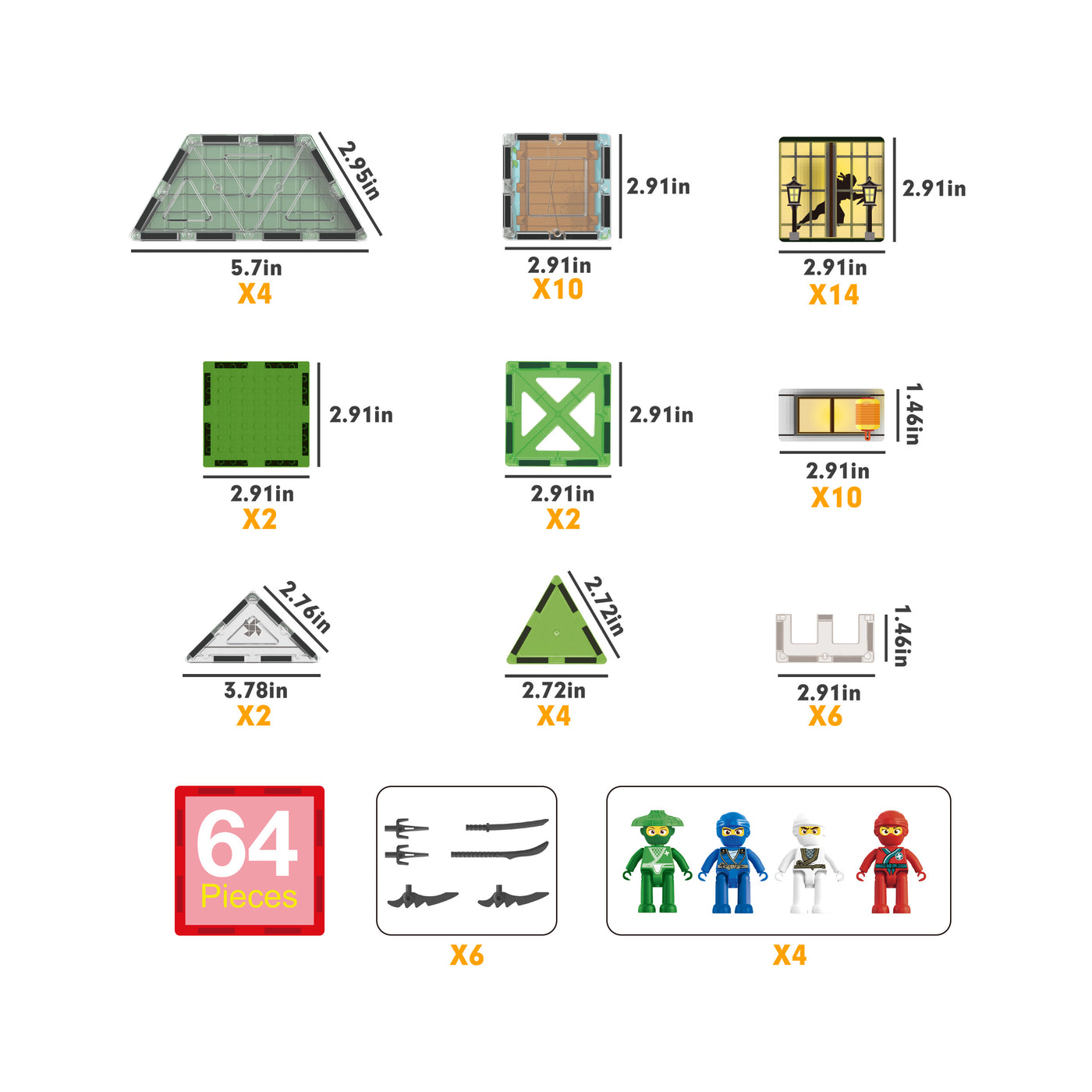 PicassoTiles 64 Pieces Ninja Dojo Magnet Building Set