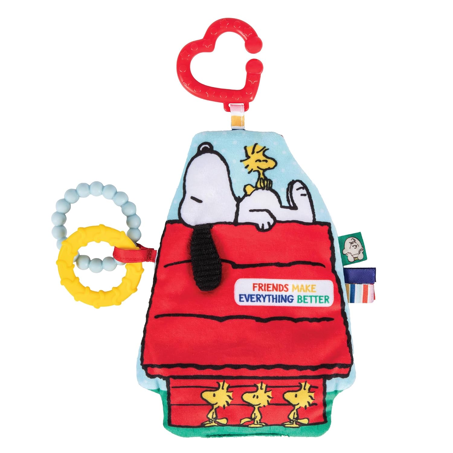 Peanuts Snoopy doghouse shaped crinkle toy with teething rings and heart clip attachment