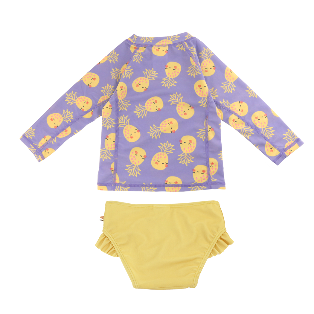 Zoocchini baby rashguard swim top with pineapple print and yellow ruffle bikini bottoms set