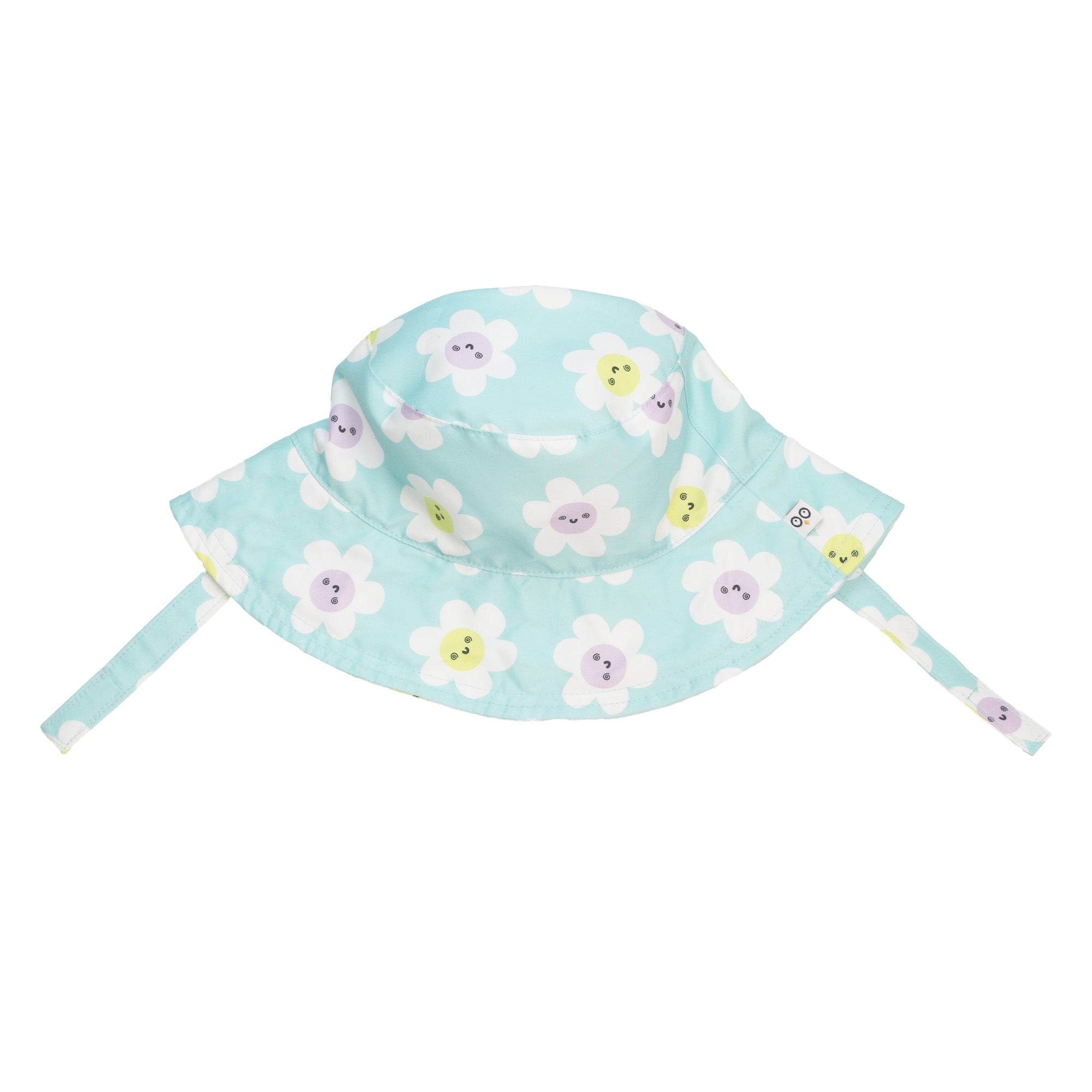 Baby bucket sun hat in mint blue with white daisy smiley face print and tie strings