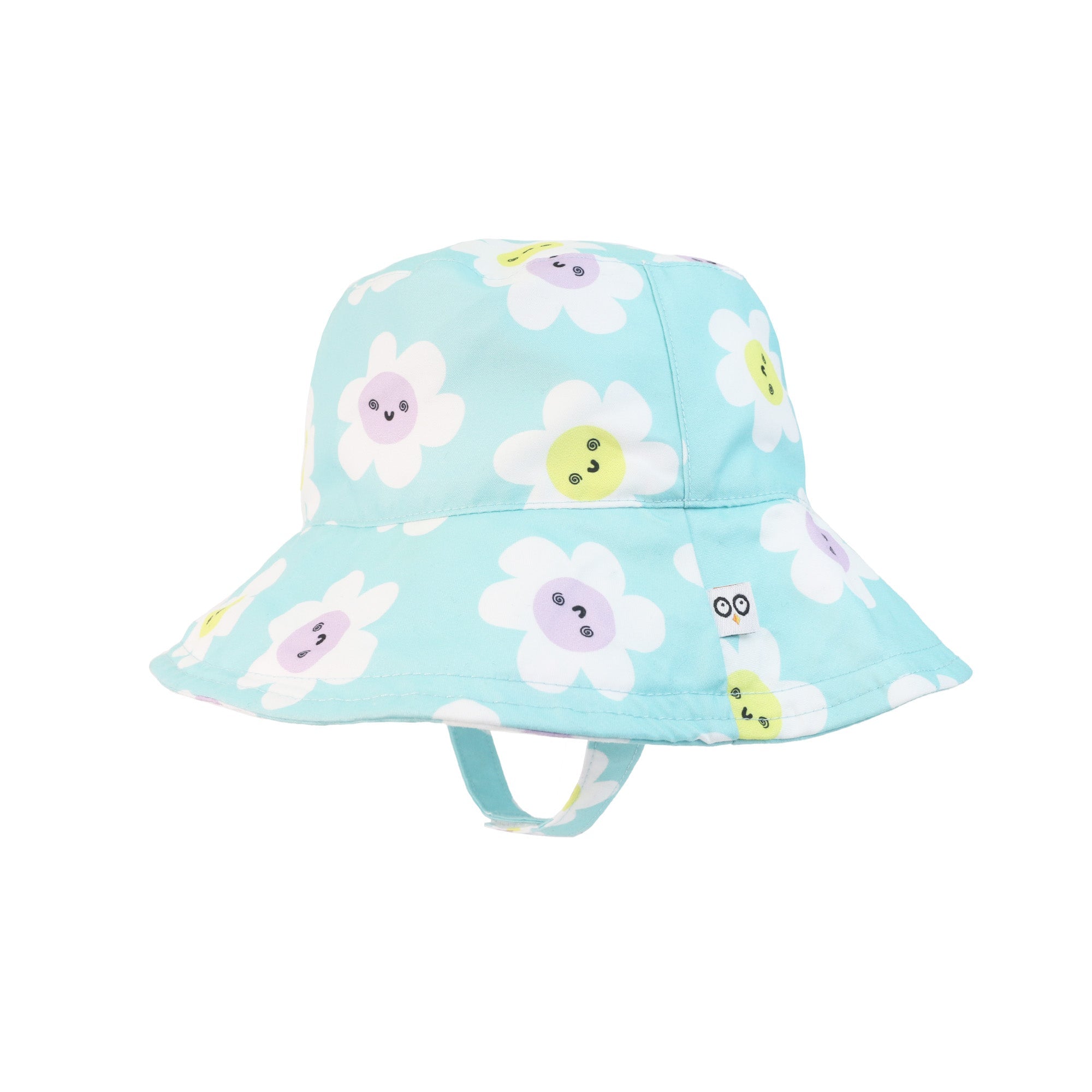 Zoocchini baby bucket sunhat in aqua with white daisy smiley face print and chin strap