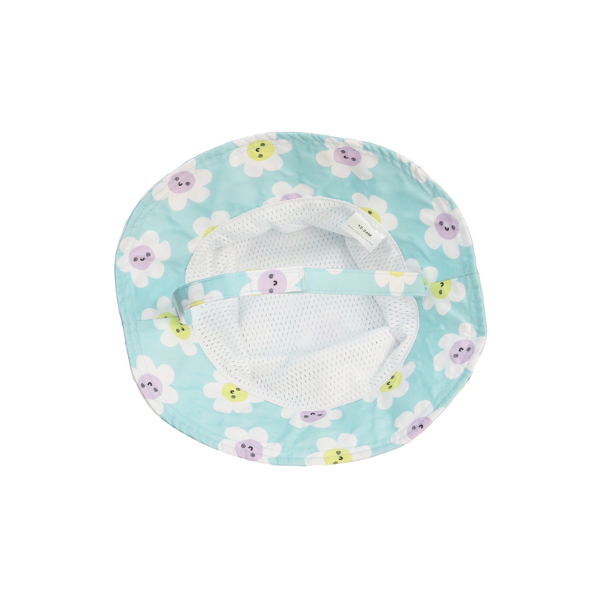 Inside view of mint green baby bucket hat with white daisy and smiley face print, mesh lining visible