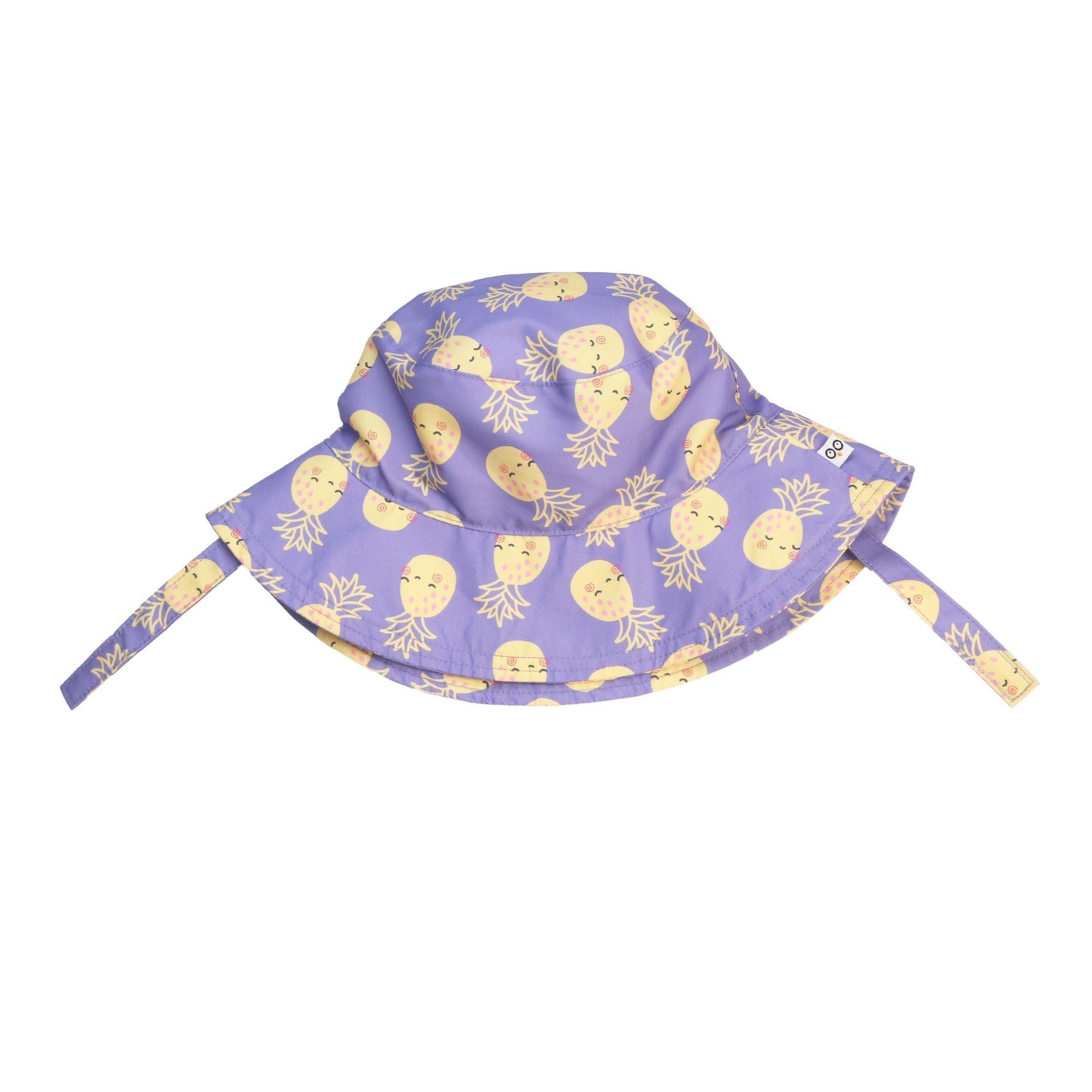 Purple lavender baby bucket sun hat with cute kawaii pineapple print and chin tie straps